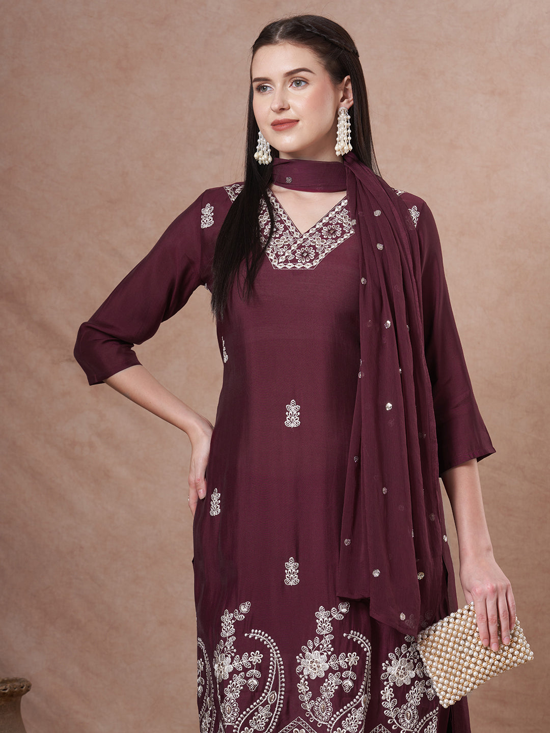 Solid Floral Embroidered Straight Fit Kurta with Pant and Dupatta - Burgundy