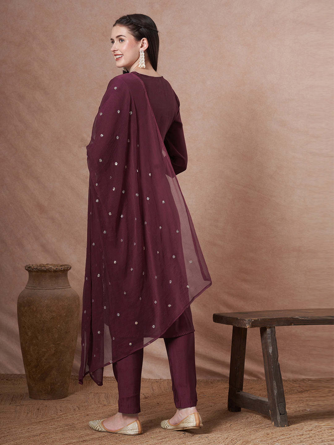 Solid Floral Embroidered Straight Fit Kurta with Pant and Dupatta - Burgundy