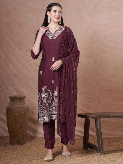 Solid Floral Embroidered Straight Fit Kurta with Pant and Dupatta - Burgundy