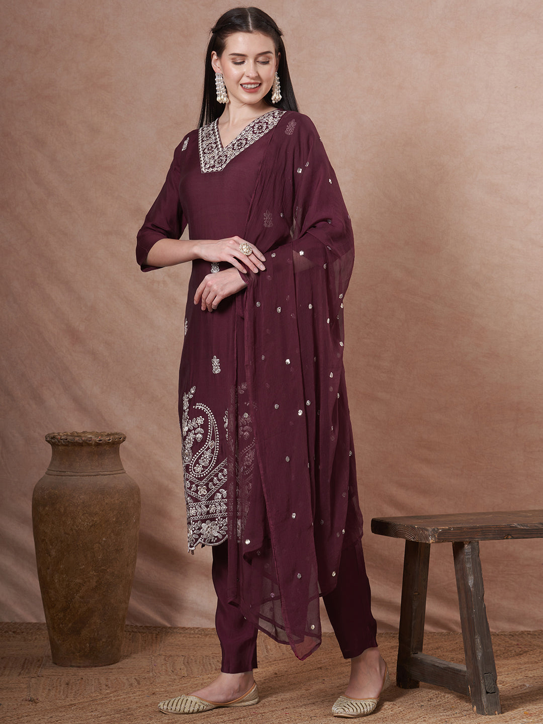 Solid Floral Embroidered Straight Fit Kurta with Pant and Dupatta - Burgundy