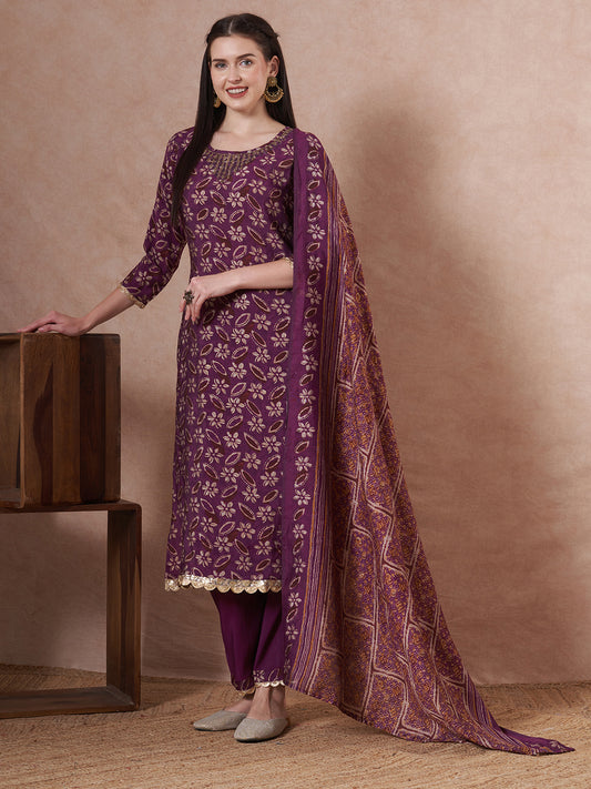 Ethnic Printed Straight Fit Kurta with Pant and Dupatta - Burgundy