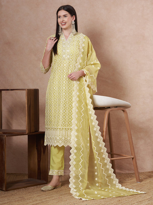 Solid Schiffli Embroidered Straight Fit Kurta with Pant & Dupatta - Yellow