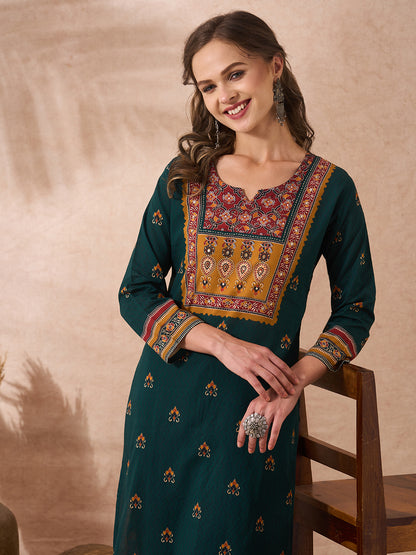 Ethnic Floral Printed Straight Fit Kurta - Green