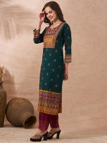 Ethnic Floral Printed Straight Fit Kurta - Green