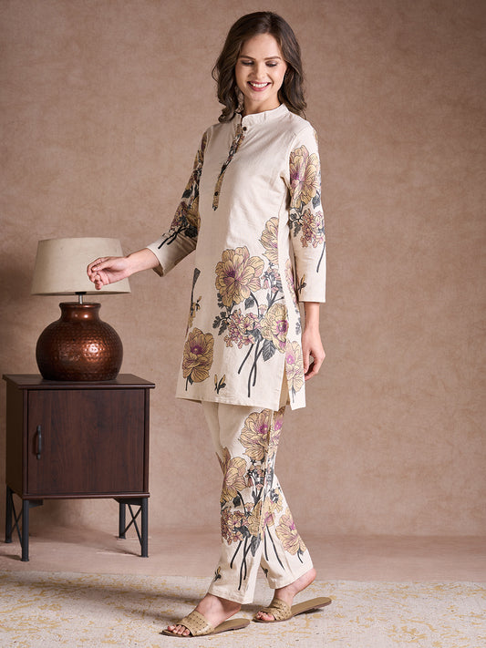 Floral Printed Straight Fit Co-ord Set - Off White