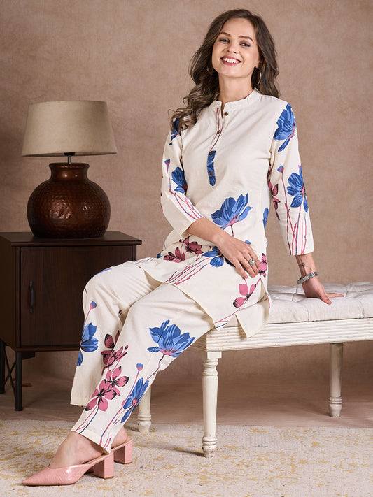 Floral Printed Straight Fit Co-ord Set - Off White