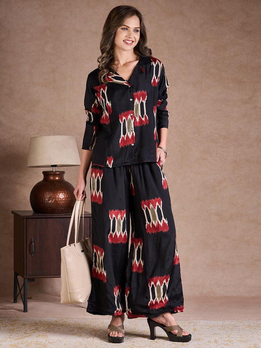 Abstract Foil Printed Straight Fit Shirt with Flared Palazzo - Black