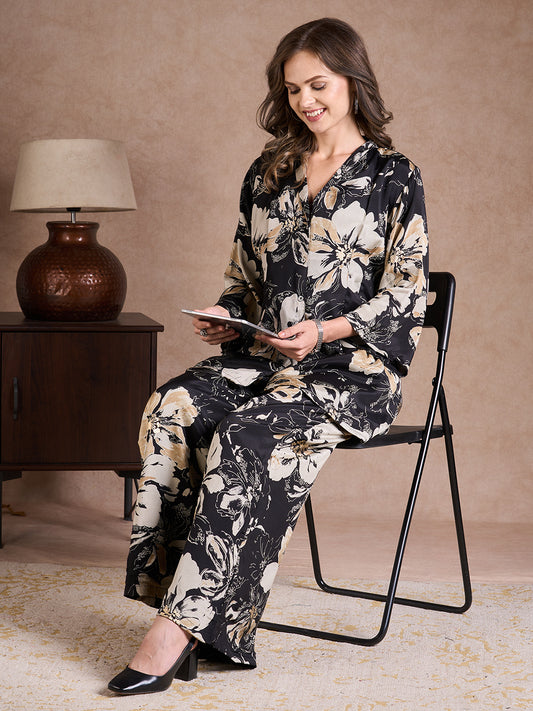 Abstract Foil Printed A-Line Blazer with Flared Palazzo - Black