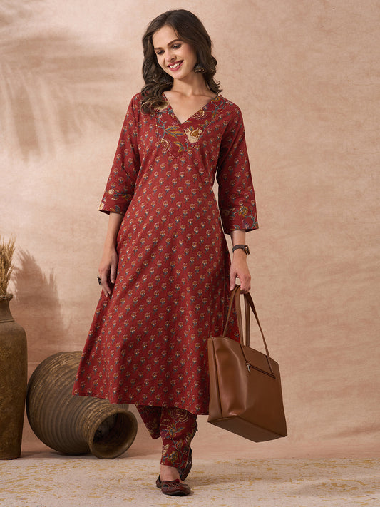 Ethnic Floral Printed & Embroidered A-Line Flared Kurta with Pant - Red