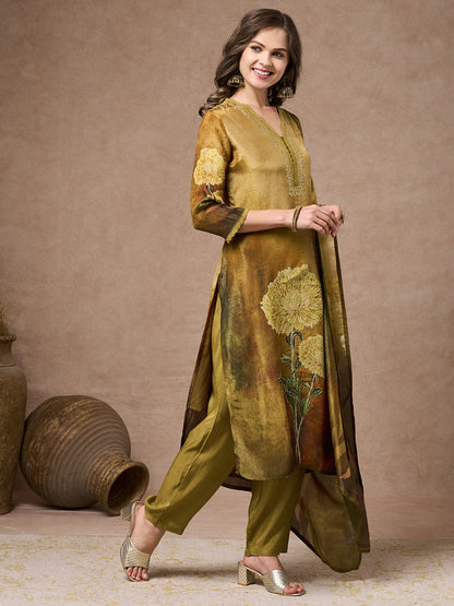 Abstract Floral Printed Embroidered Straight Fit Tissue Kurta with Pant and Dupatta - Gold