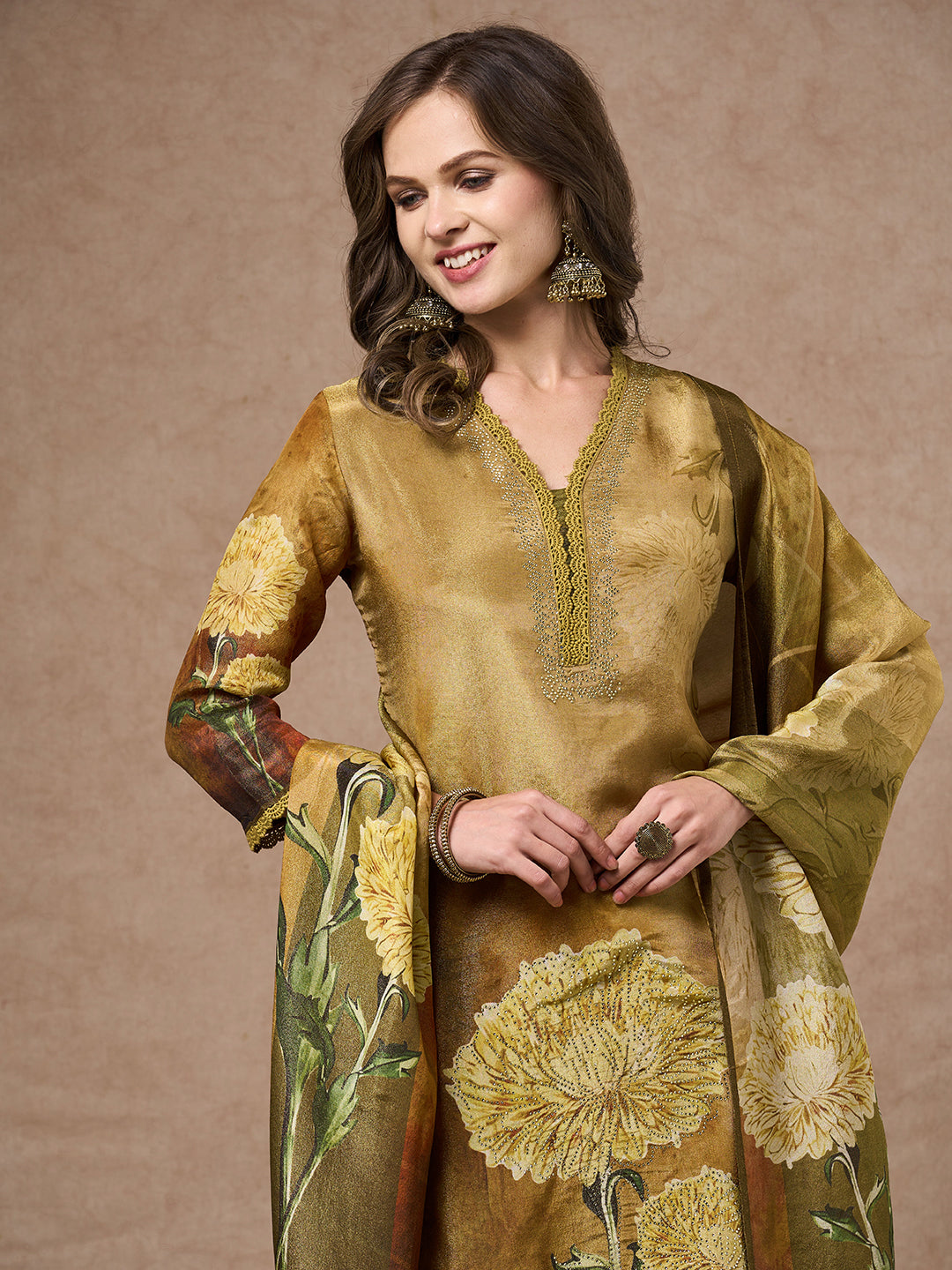 Abstract Floral Printed Embroidered Straight Fit Tissue Kurta with Pant and Dupatta - Gold