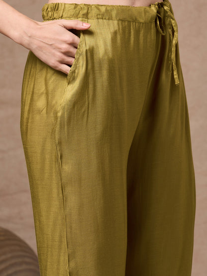 Abstract Floral Printed Embroidered Straight Fit Tissue Kurta with Pant and Dupatta - Gold