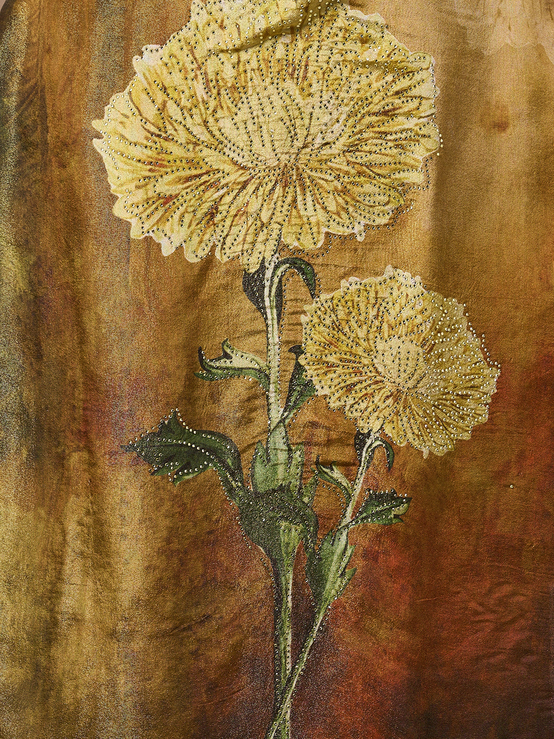 Abstract Floral Printed Embroidered Straight Fit Tissue Kurta with Pant and Dupatta - Gold