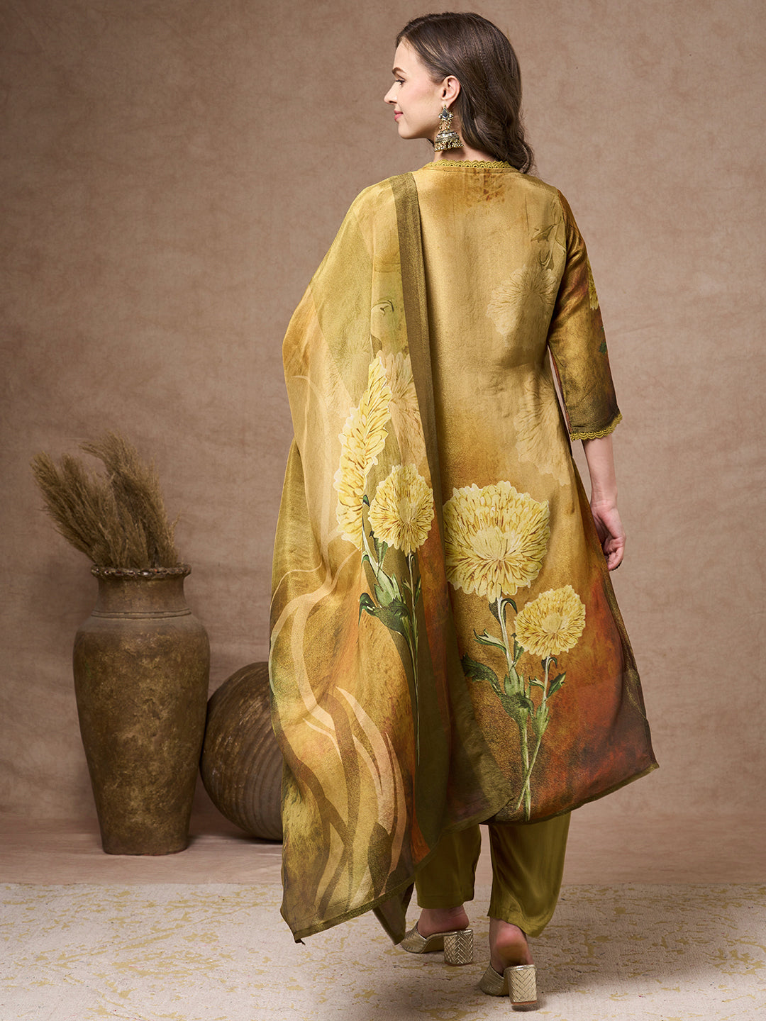 Abstract Floral Printed Embroidered Straight Fit Tissue Kurta with Pant and Dupatta - Gold