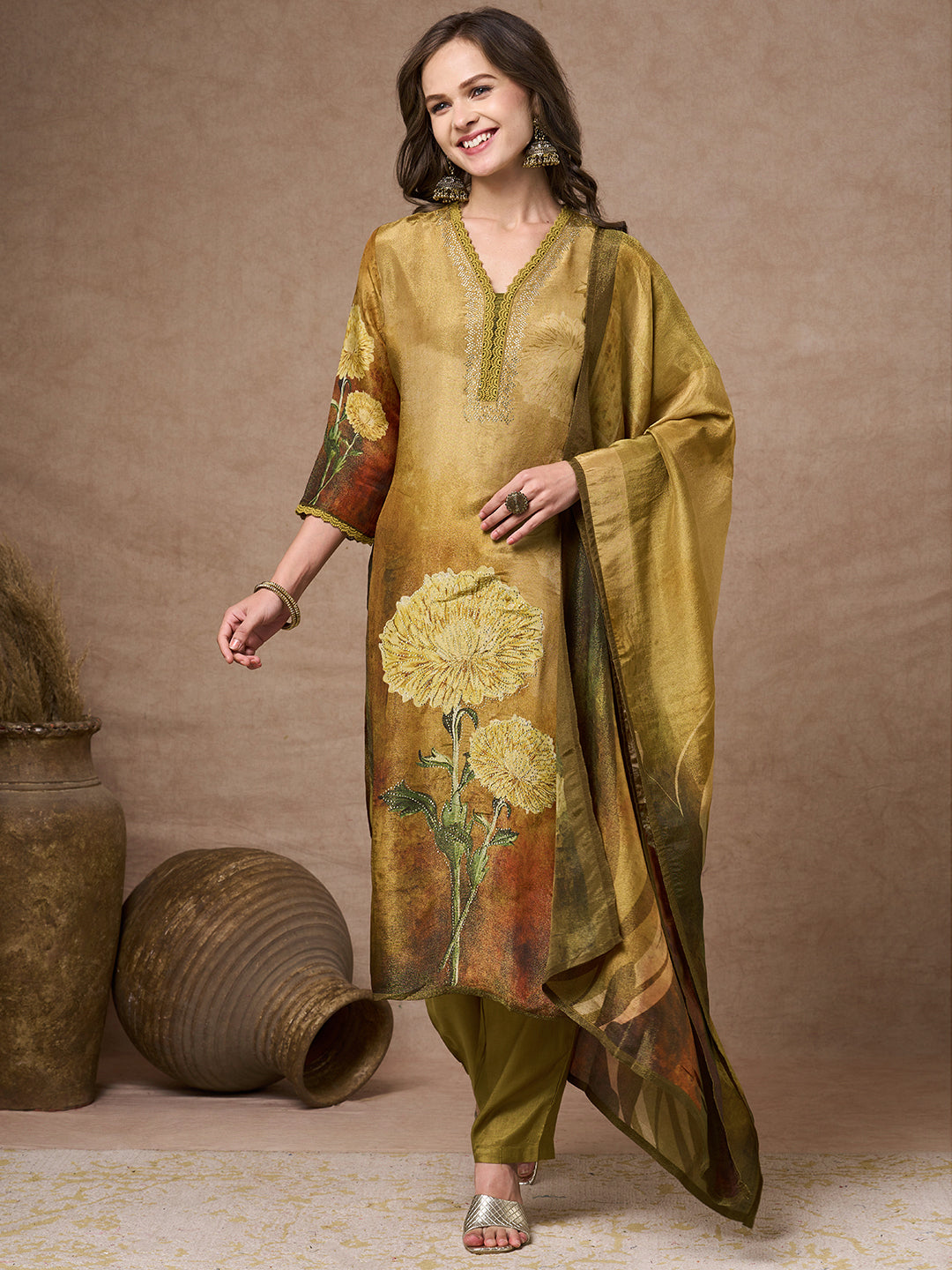 Abstract Floral Printed Embroidered Straight Fit Tissue Kurta with Pant and Dupatta - Gold