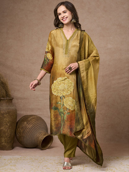 Abstract Floral Printed Embroidered Straight Fit Tissue Kurta with Pant and Dupatta - Gold