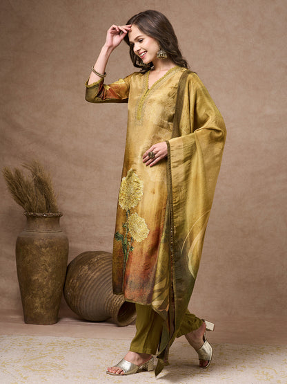 Abstract Floral Printed Embroidered Straight Fit Tissue Kurta with Pant and Dupatta - Gold