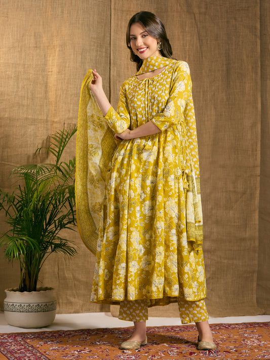 Ethnic Floral Printed & Hand Embroidered Anarkali with Pant & Dupatta - Lime Green