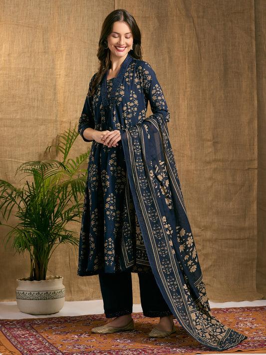 Ethnic Floral Printed & Embroidered A-Line Paneled Kurta with Pant & Dupatta - Blue