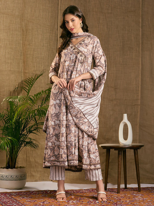 Ethnic Floral Printed & Hand Embroidered Anarkali with Pant & Dupatta - Brown