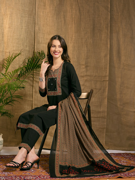 Solid Ethnic Straight Fit Kurta with Pant and Pure Cotton Dupatta - Black