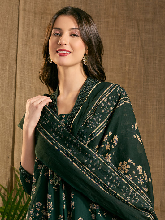 Ethnic Floral Printed & Embroidered A-Line Paneled Kurta with Pant & Dupatta - Green