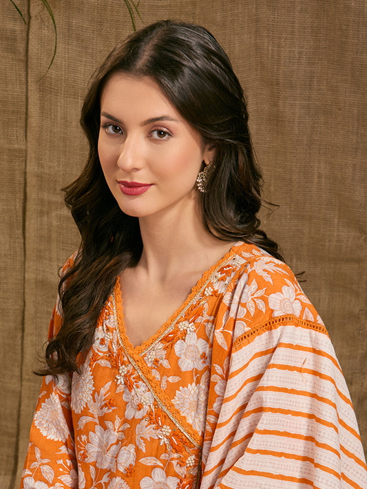 Ethnic Floral Printed & Hand Embroidered Anarkali with Pant & Dupatta - Orange