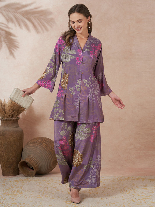 Abstract Foil Printed A-Line Blazer with Flared Palazzo - Purple