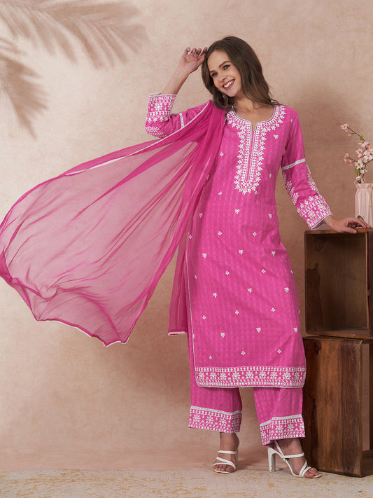 Solid Floral Embroidered Straight Kurta with Palazzo & Dupatta - Pink