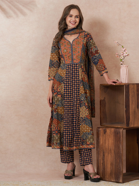 Ethnic Floral Printed Anarkali Flared Kurta with Pant and Dupatta - Multi