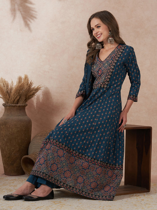 Ajarakh Printed & Embroidered Anarkali Kurta with Pant & Dupatta - Teal