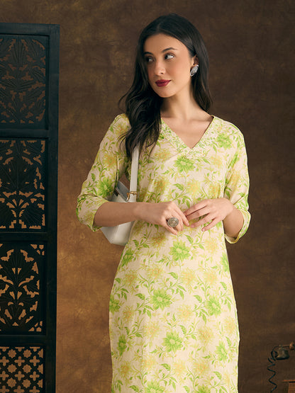 Floral Printed & Mirror Embroidered Straight Kurta with Pant - Green