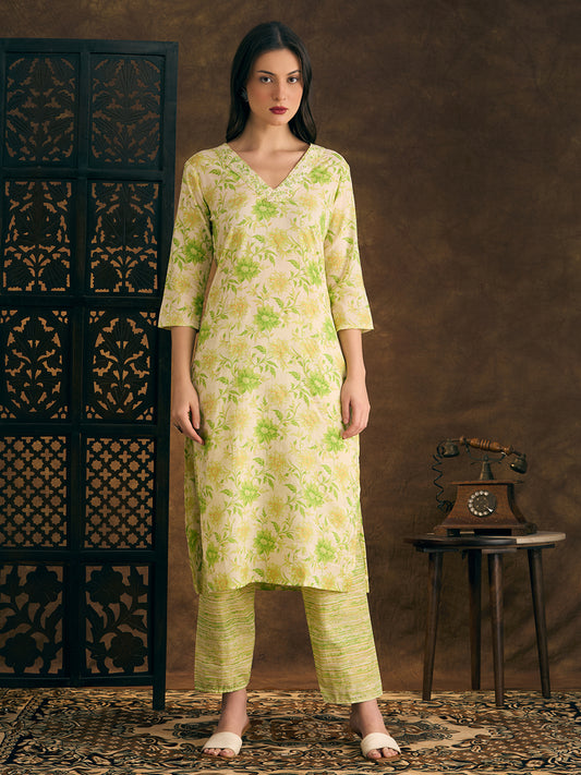 Floral Printed & Mirror Embroidered Straight Kurta with Pant - Green