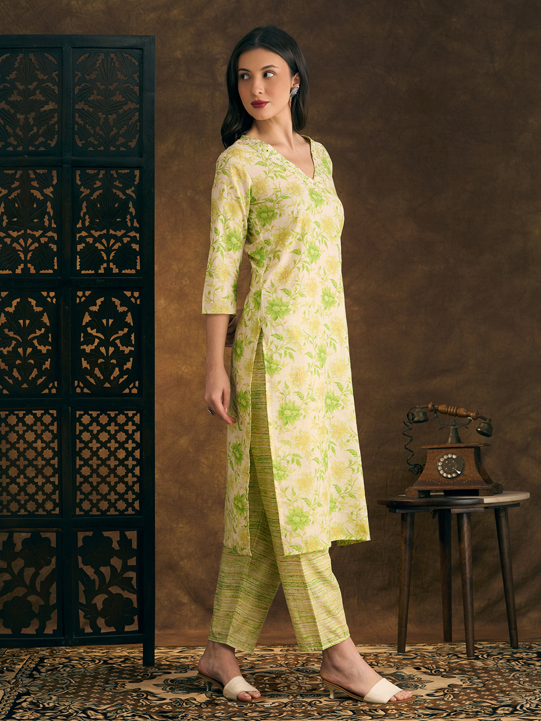 Floral Printed & Mirror Embroidered Straight Kurta with Pant - Green