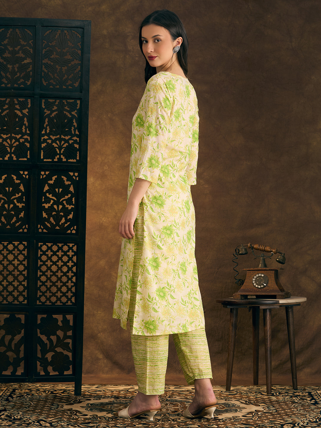 Floral Printed & Mirror Embroidered Straight Kurta with Pant - Green