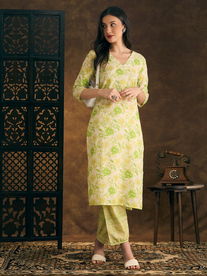 Floral Printed & Mirror Embroidered Straight Kurta with Pant - Green