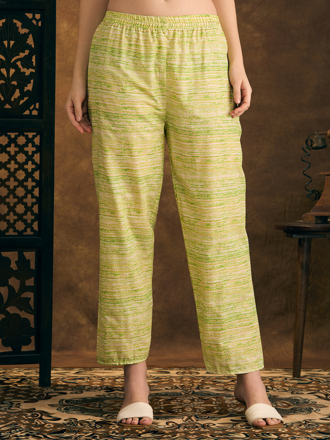 Floral Printed & Mirror Embroidered Straight Kurta with Pant - Green