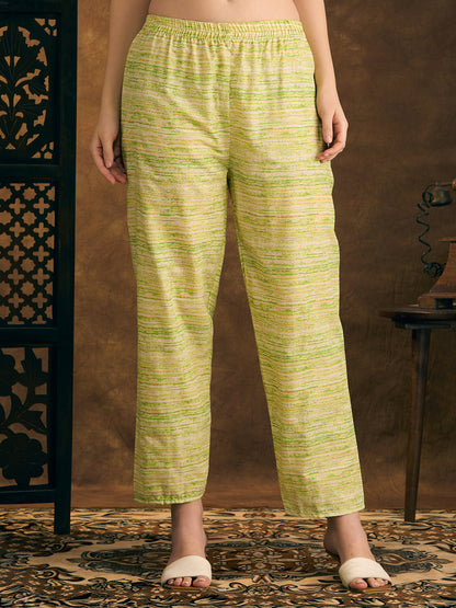 Floral Printed & Mirror Embroidered Straight Kurta with Pant - Green