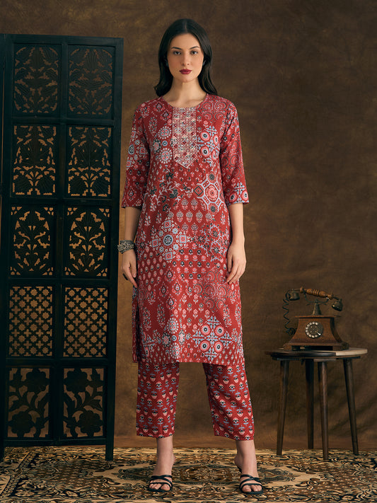 Ethnic Floral Printed & Embroidered Straight Fit Kurta with Pant - Red