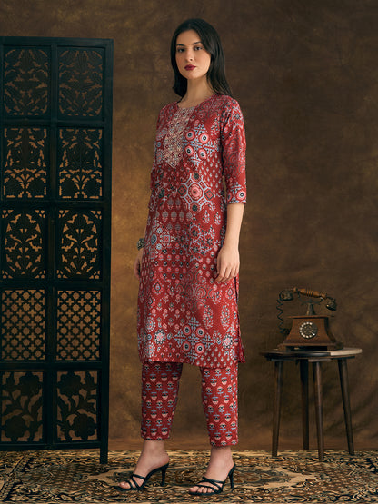 Ethnic Floral Printed & Embroidered Straight Fit Kurta with Pant - Red