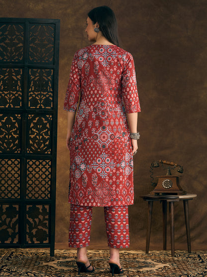 Ethnic Floral Printed & Embroidered Straight Fit Kurta with Pant - Red