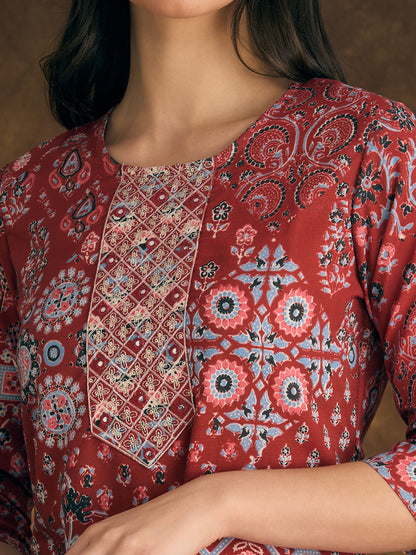 Ethnic Floral Printed & Embroidered Straight Fit Kurta with Pant - Red