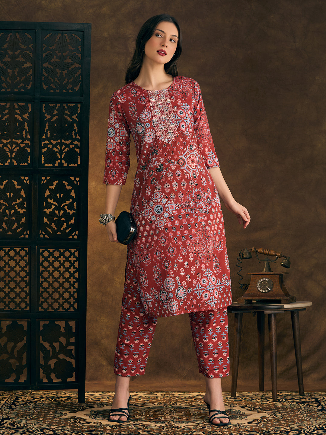 Ethnic Floral Printed & Embroidered Straight Fit Kurta with Pant - Red