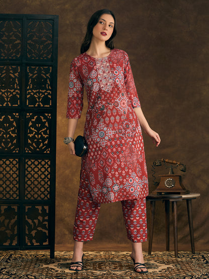 Ethnic Floral Printed & Embroidered Straight Fit Kurta with Pant - Red