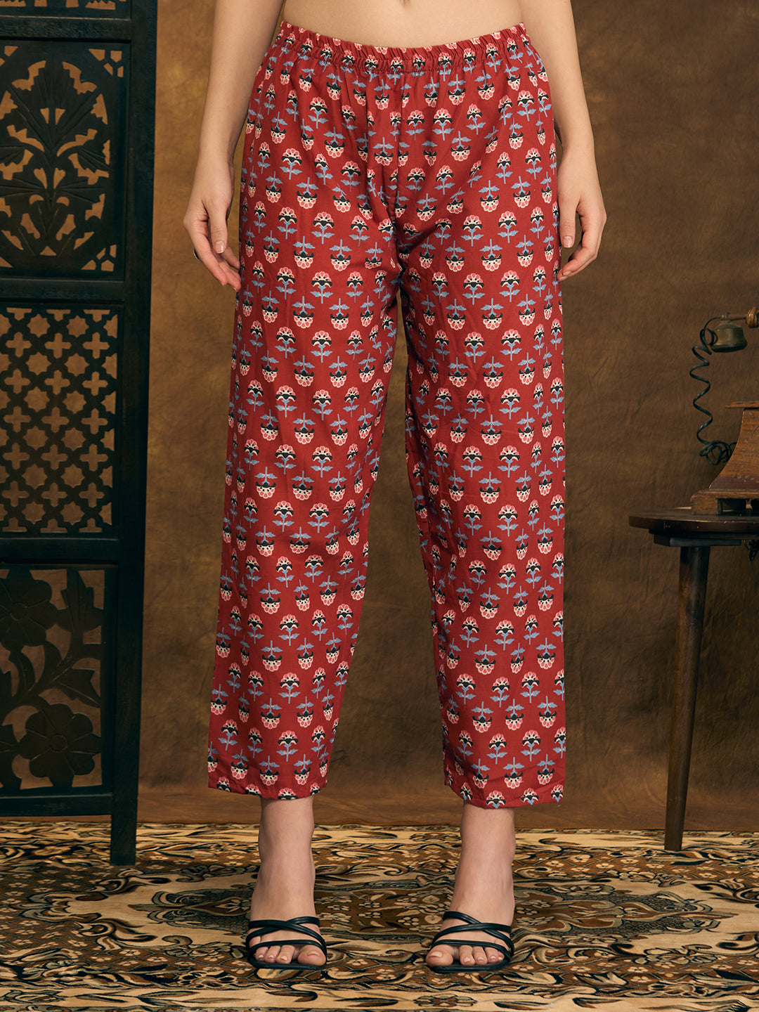 Ethnic Floral Printed & Embroidered Straight Fit Kurta with Pant - Red
