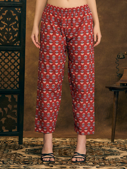 Ethnic Floral Printed & Embroidered Straight Fit Kurta with Pant - Red