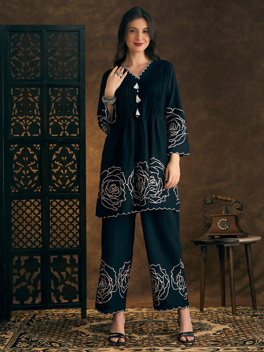 Abstract Floral Printed & Embroidered A-Line Kurta with Pant - Black