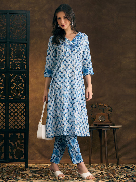 Ethnic Floral Printed & Embroidered A-Line Flared Kurta with Pant - Blue