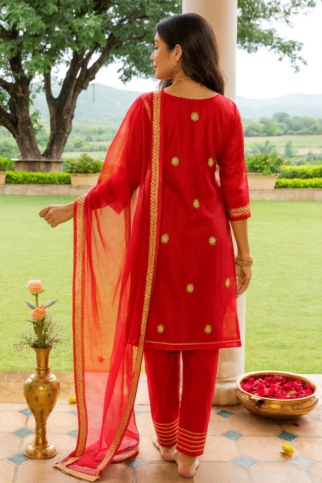 Solid Gota Patti Embroidered Straight Fit Kurta Salwar and Dupatta - Red