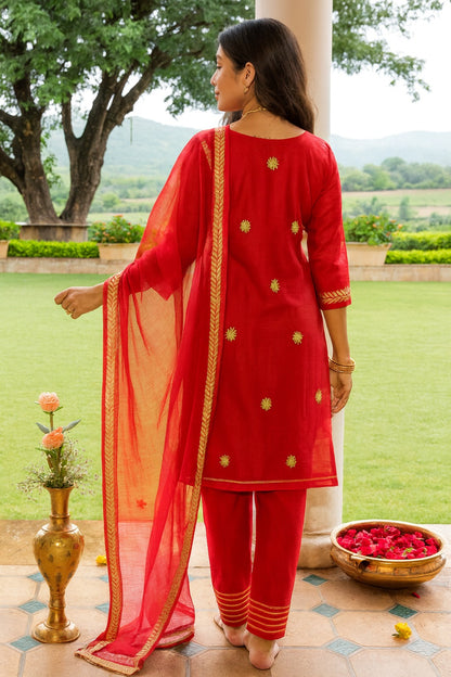 Solid Gota Patti Embroidered Straight Fit Kurta Salwar and Dupatta - Red